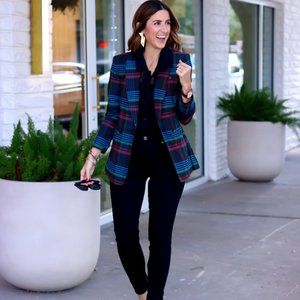 CAbi 3850 Plaid Holiday Blazer Jacket Black Red Green Blue Medium Limited Ed.
